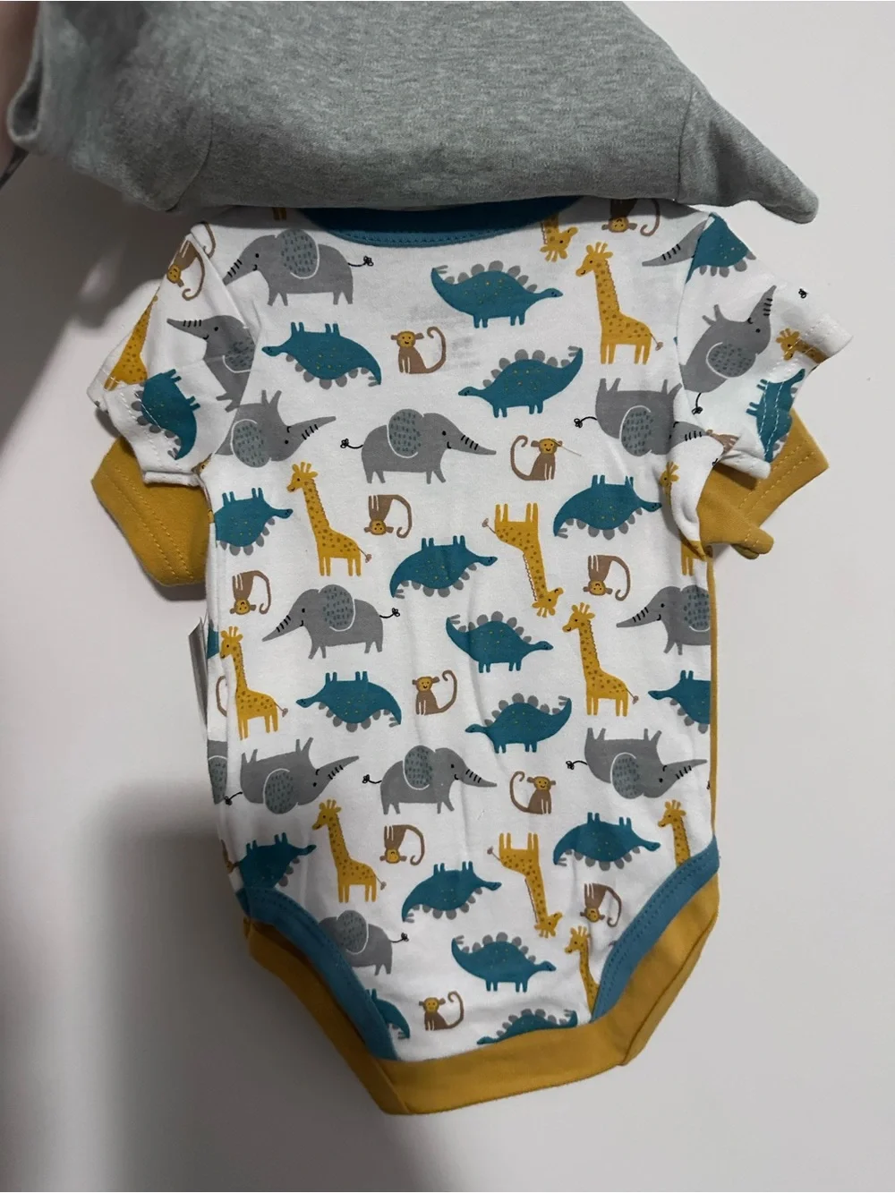Mustard Short-Sleeve Baby One-Piece with Elephant 